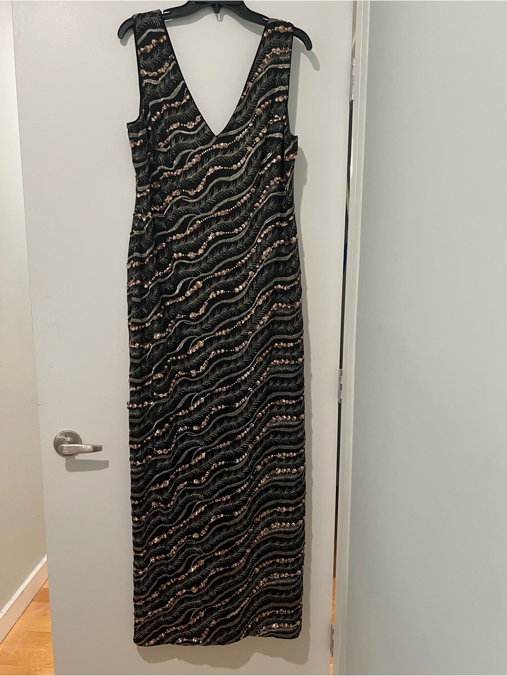 Biba Black Maxi Dress with Gold Sequin Wave Accents